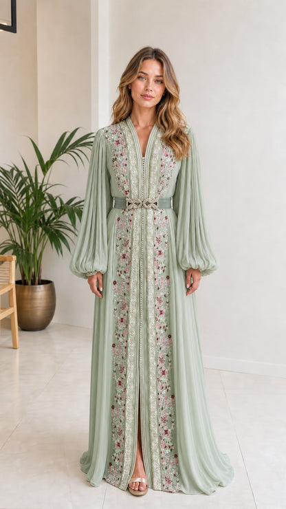 Sage green embroidered kaftan maxi dress with cinched belt