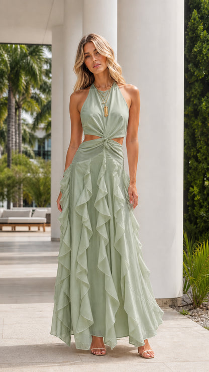 Sage green halter neck cutout tiered ruffle resort maxi dress