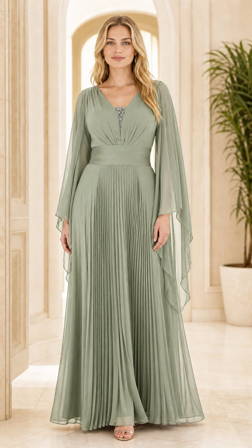 Full front view of sage green pleated floor-length formal dress