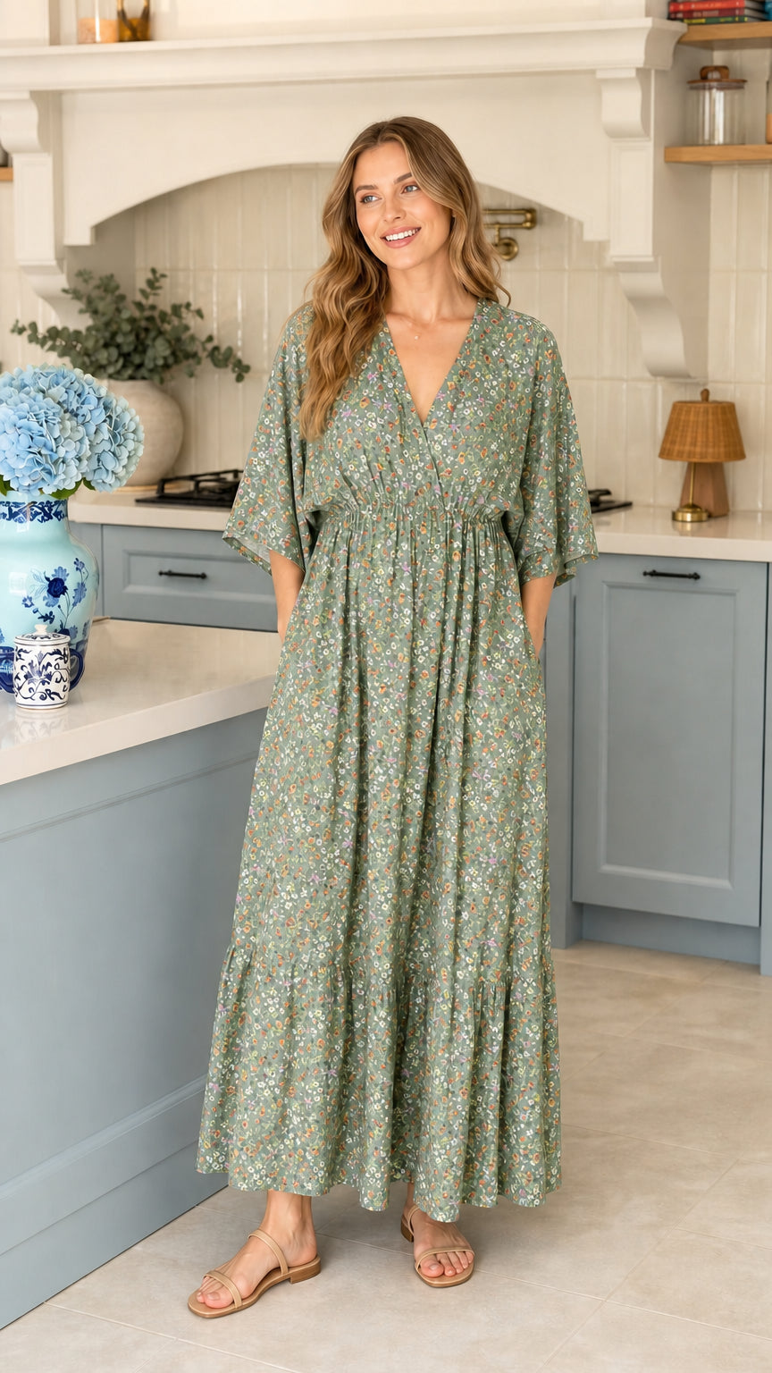 Full front view of model wearing sage green floral maxi dress