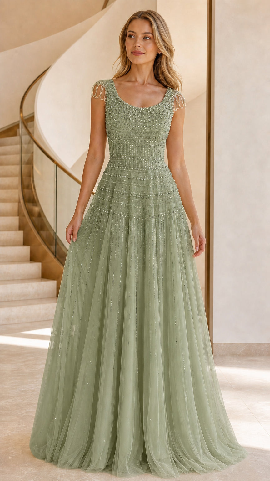 Sage green beaded tulle evening gown
