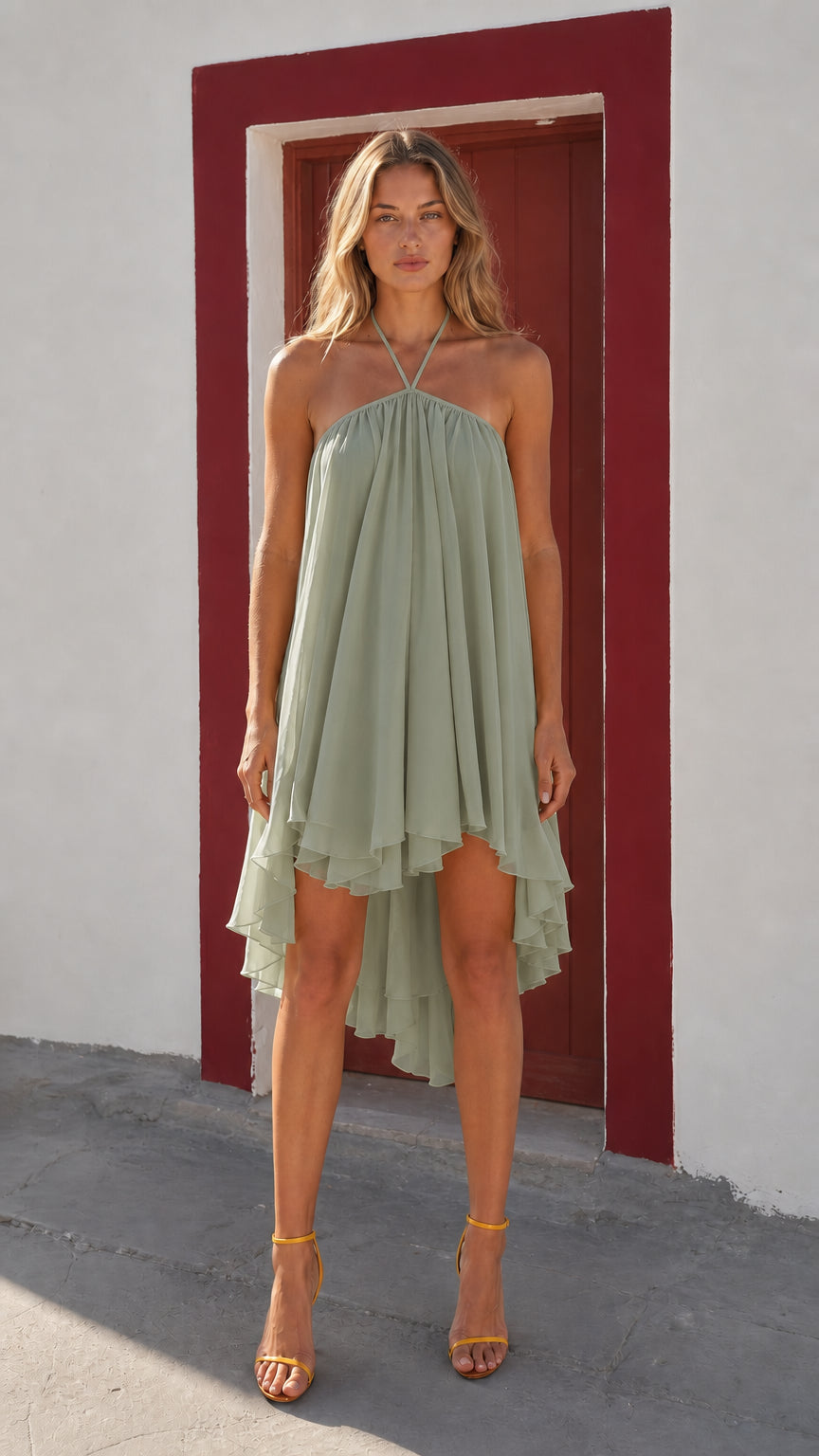 Front view of woman wearing sage green halter neck high-low dress