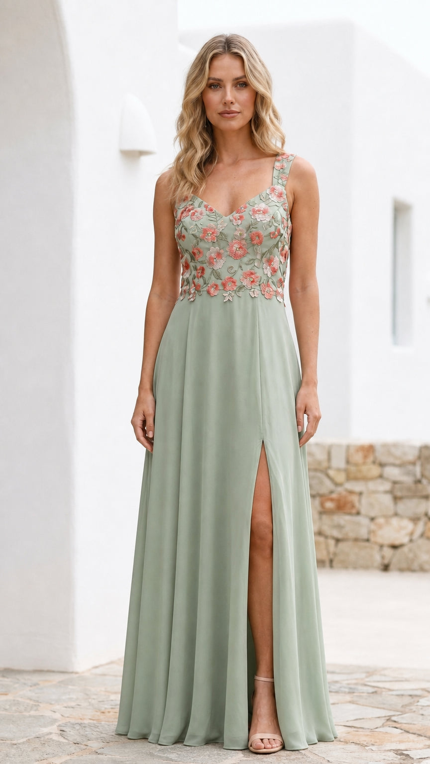 Front view of sage green floral embroidered maxi dress