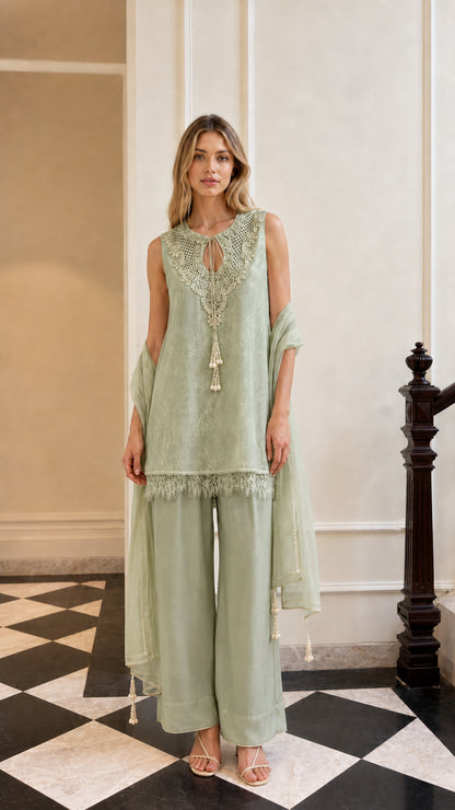 Front view of model in sage green color variant