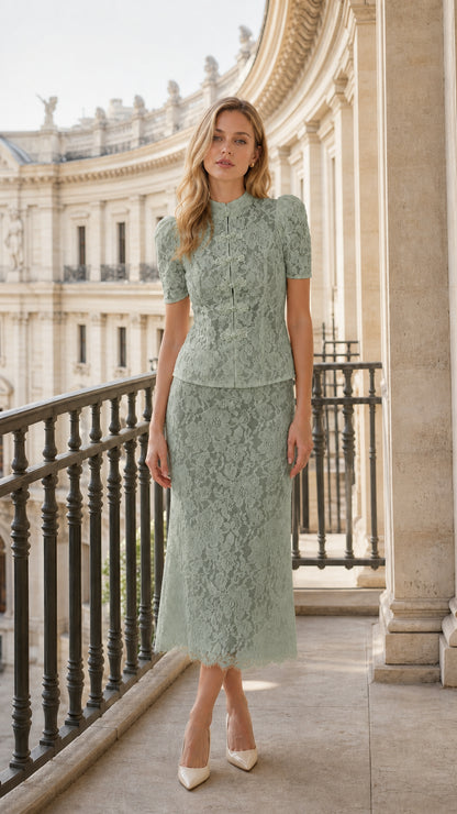 Model wearing sage green floral lace mandarin collar midi two-piece set