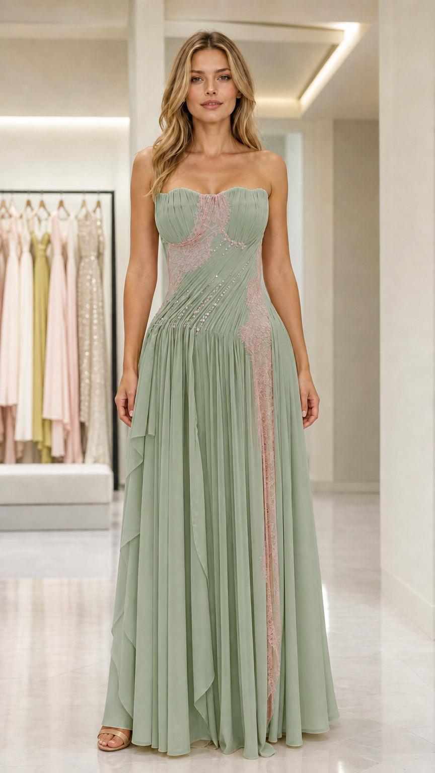 Front view of sage green strapless pleated evening gown