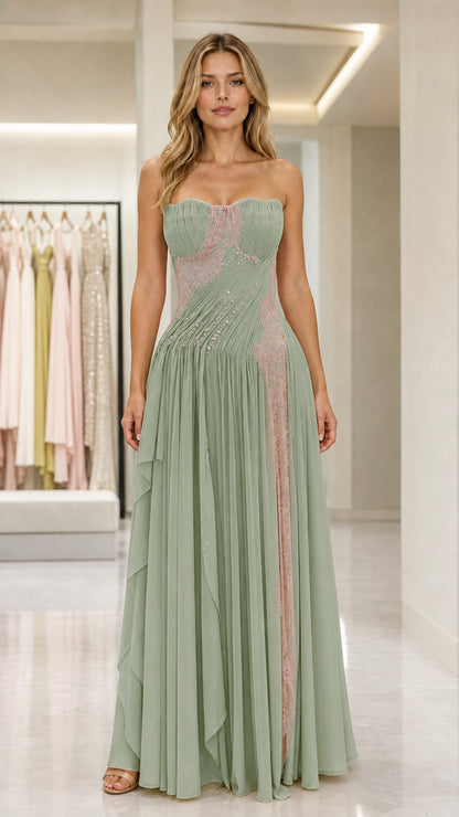 Front view of sage green strapless pleated evening gown