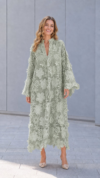 Model wearing sage floral lace maxi dress