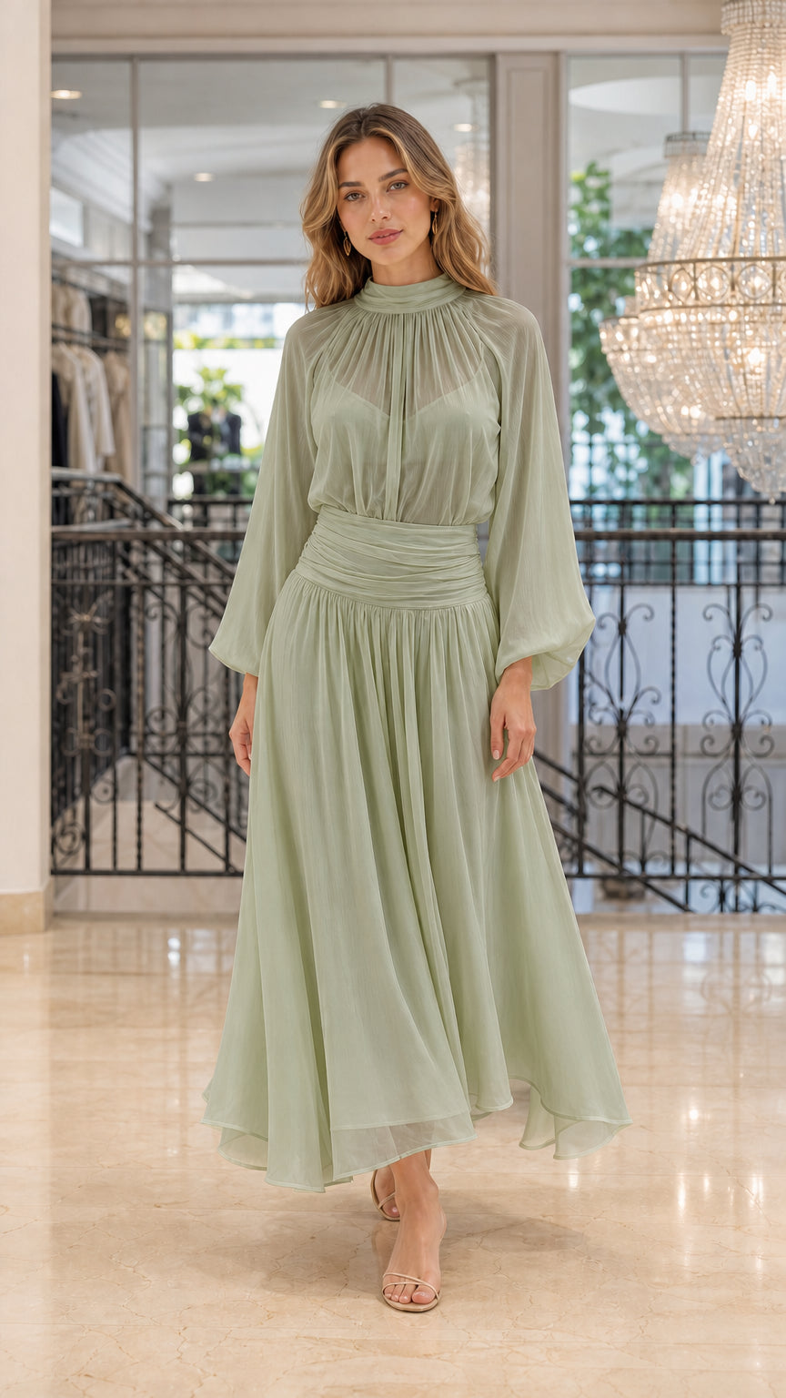Front view of Sage Green chiffon pleated maxi dress on a model
