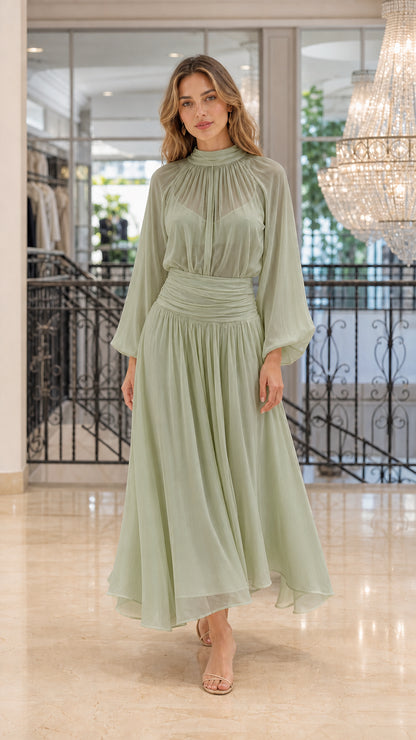 Front view of Sage Green chiffon pleated maxi dress on a model