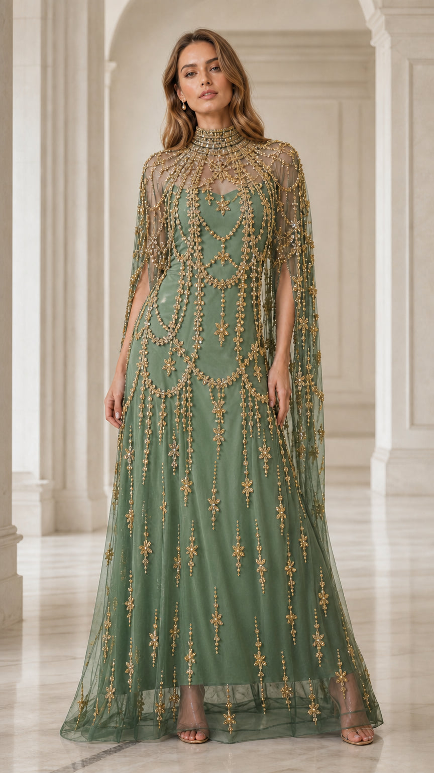 Model wearing sage green colored beaded evening gown