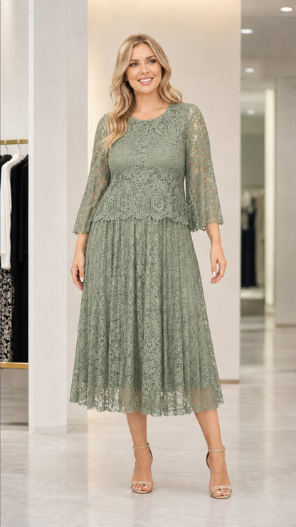 Front view of woman wearing sage green lace midi dress