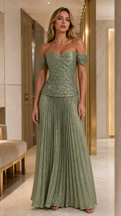 Full view of model wearing sage metallic evening gown