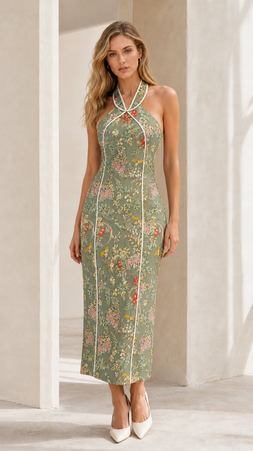 Model wearing sage green floral print midi dress