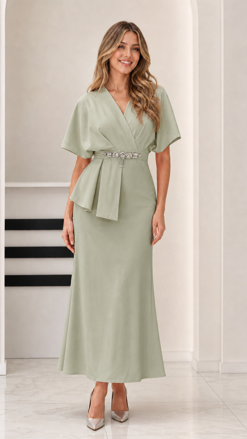 Model wearing elegant Sage Green peplum formal maxi dress