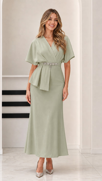 Model wearing elegant Sage Green peplum formal maxi dress