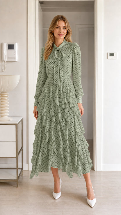 Front view of model wearing sage green polka dot midi dress