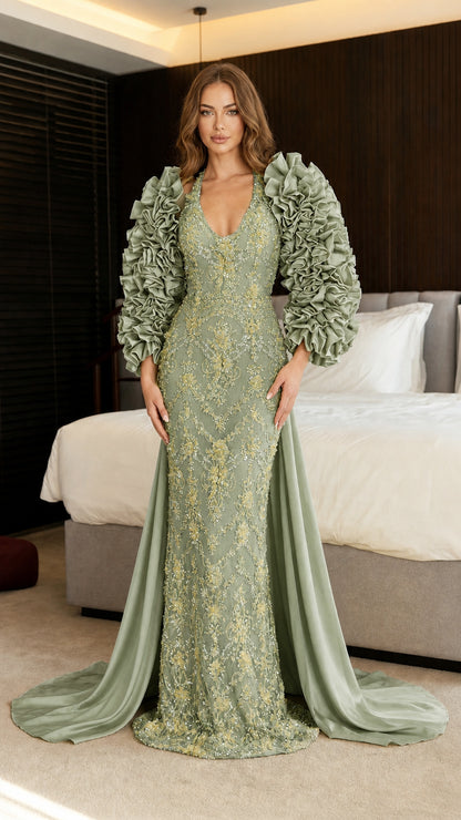 Front view of sage green evening gown with tonal train