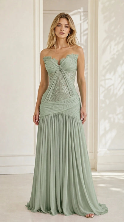 Model wearing sage green strapless lace evening dress