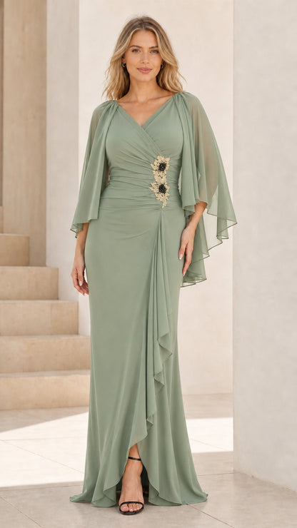 Front view of sage green chiffon cape sleeve evening dress