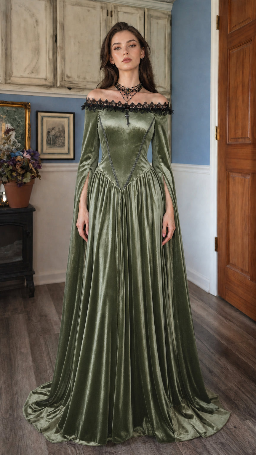 Front view of green velvet gothic maxi dress