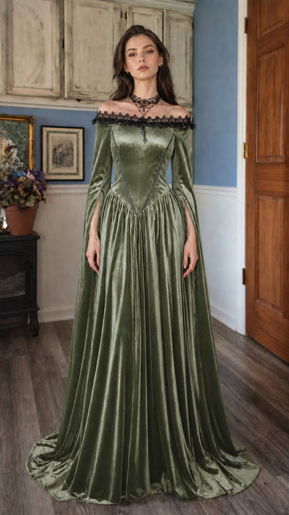 Front view of green velvet gothic maxi dress
