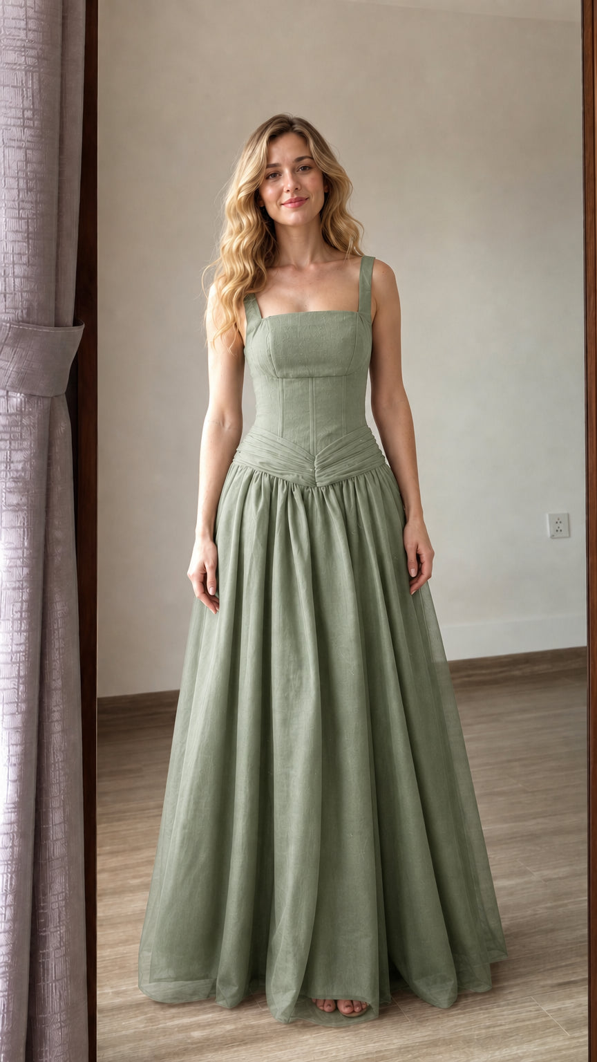 Front view of sage green corset-style long tulle evening gown