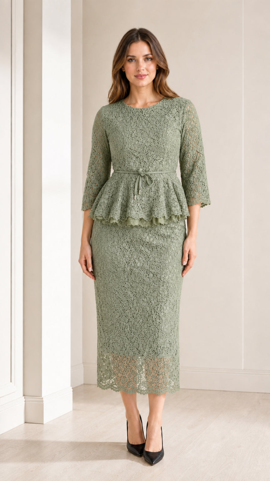 Front view of woman wearing sage green lace peplum midi dress