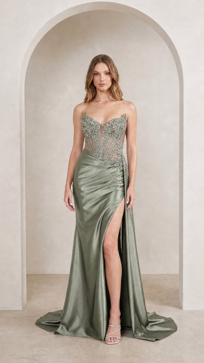 Model wearing sage green evening gown front view