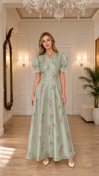 Model wearing sage floral embroidered maxi dress