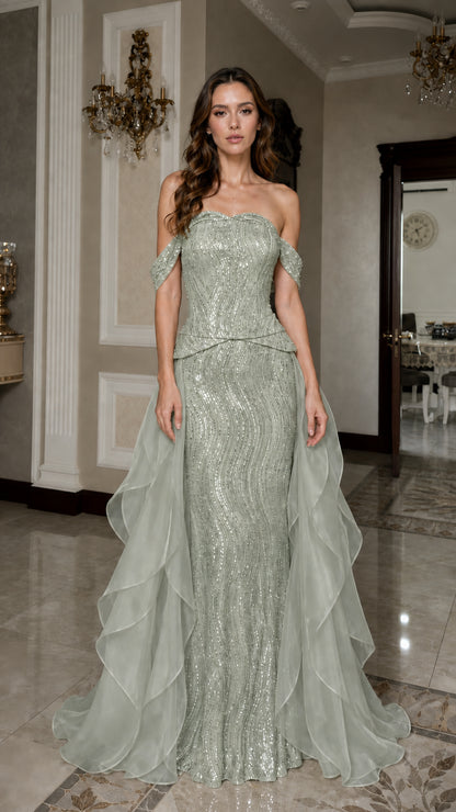 Front view of sage green evening gown variant