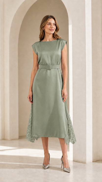 Model wearing sage green satin midi dress