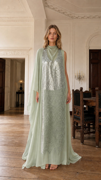Sage green variant of sequin embellished evening gown