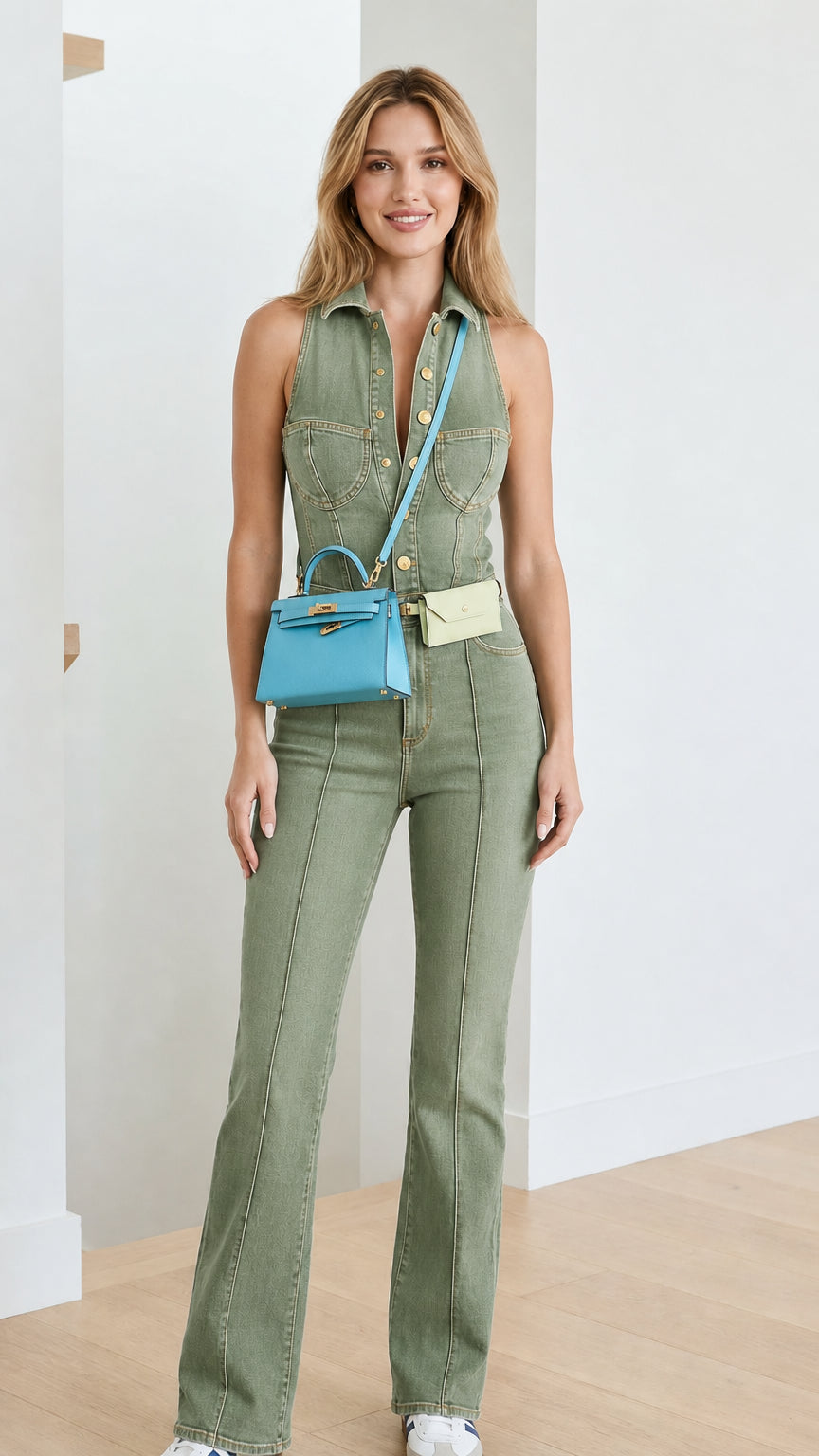 Model wearing green denim flare jumpsuit