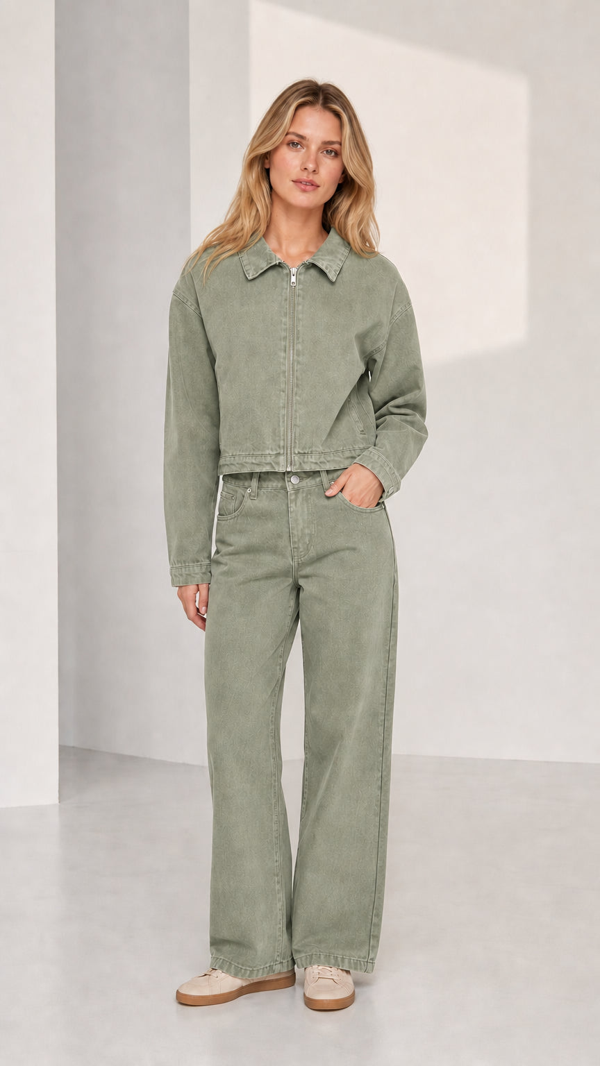 Woman wearing sage green denim jacket and wide-leg pants set