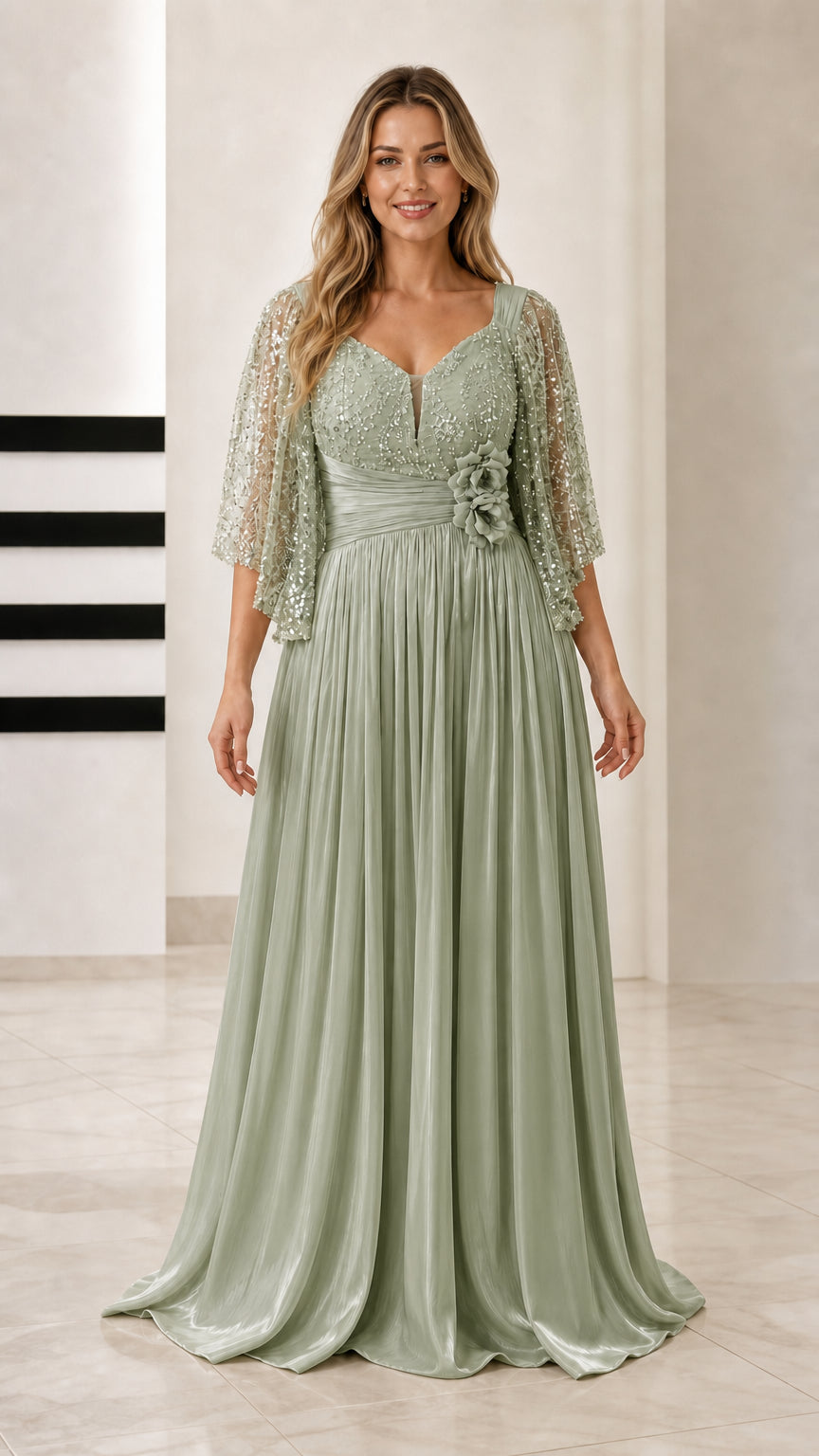 Front view of sage green sequin bodice pleated evening gown with flutter sleeves