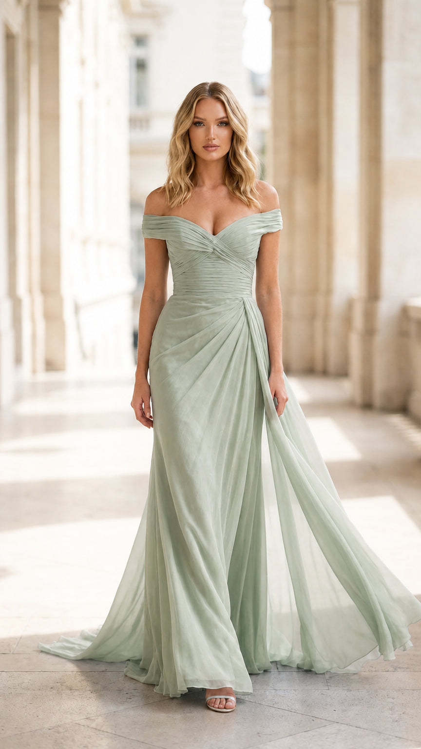 Front view of sage green off-the-shoulder evening gown