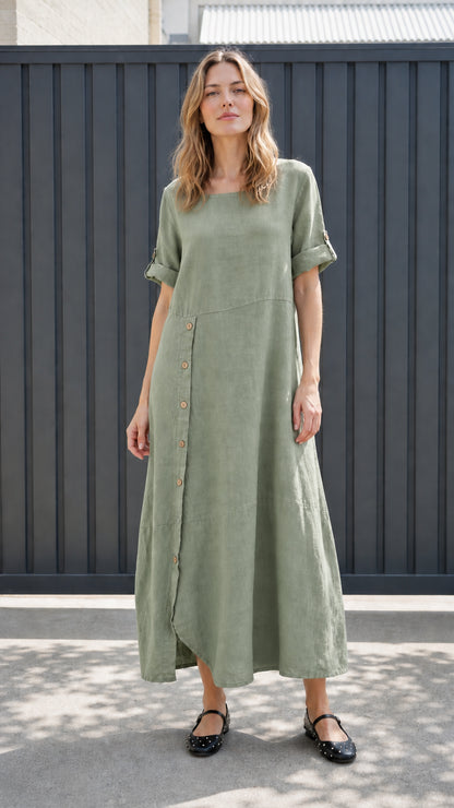 Front view of sage green asymmetrical button-front maxi dress