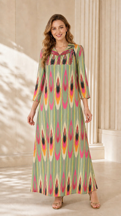 Model wearing Sage Green Multi ikat print embellished long dress
