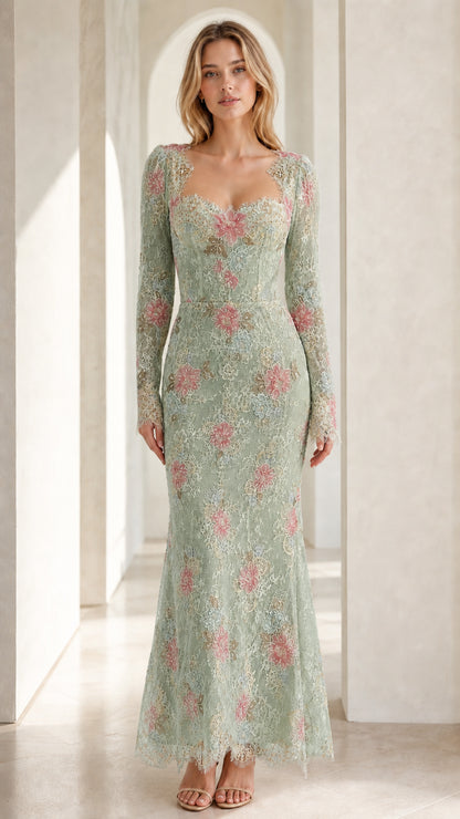 Front view of Sage green floral embroidered lace maxi dress