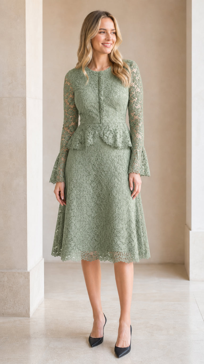 Front view of model wearing sage green floral lace peplum midi dress