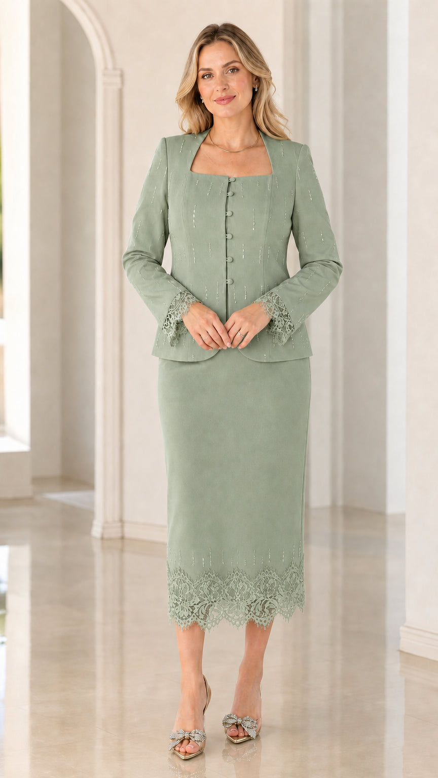 Front view of women's sage green formal two-piece lace trim skirt suit