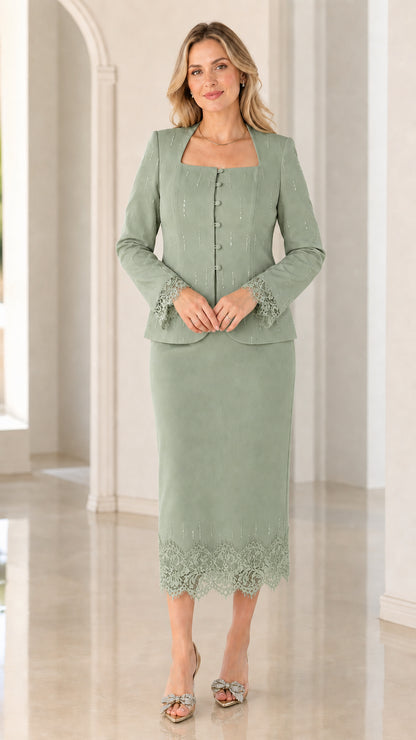 Front view of women's sage green formal two-piece lace trim skirt suit