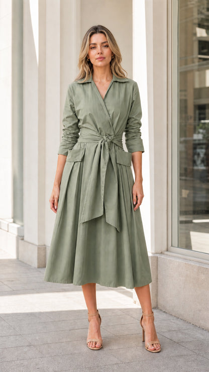 Front view of woman wearing green lapel midi trench dress