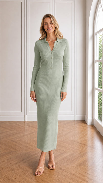 Full front view of model wearing the sage green ribbed knit polo maxi dress