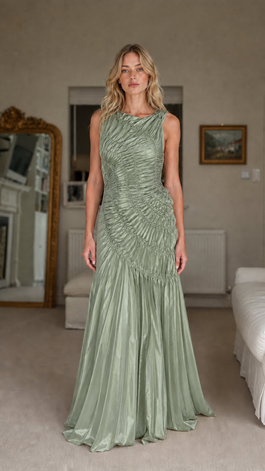 Front view of model wearing sage green ruched maxi dress