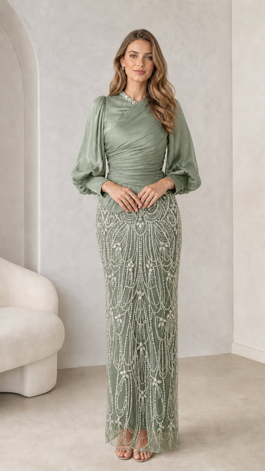 Front view of sage long sleeve embellished evening dress