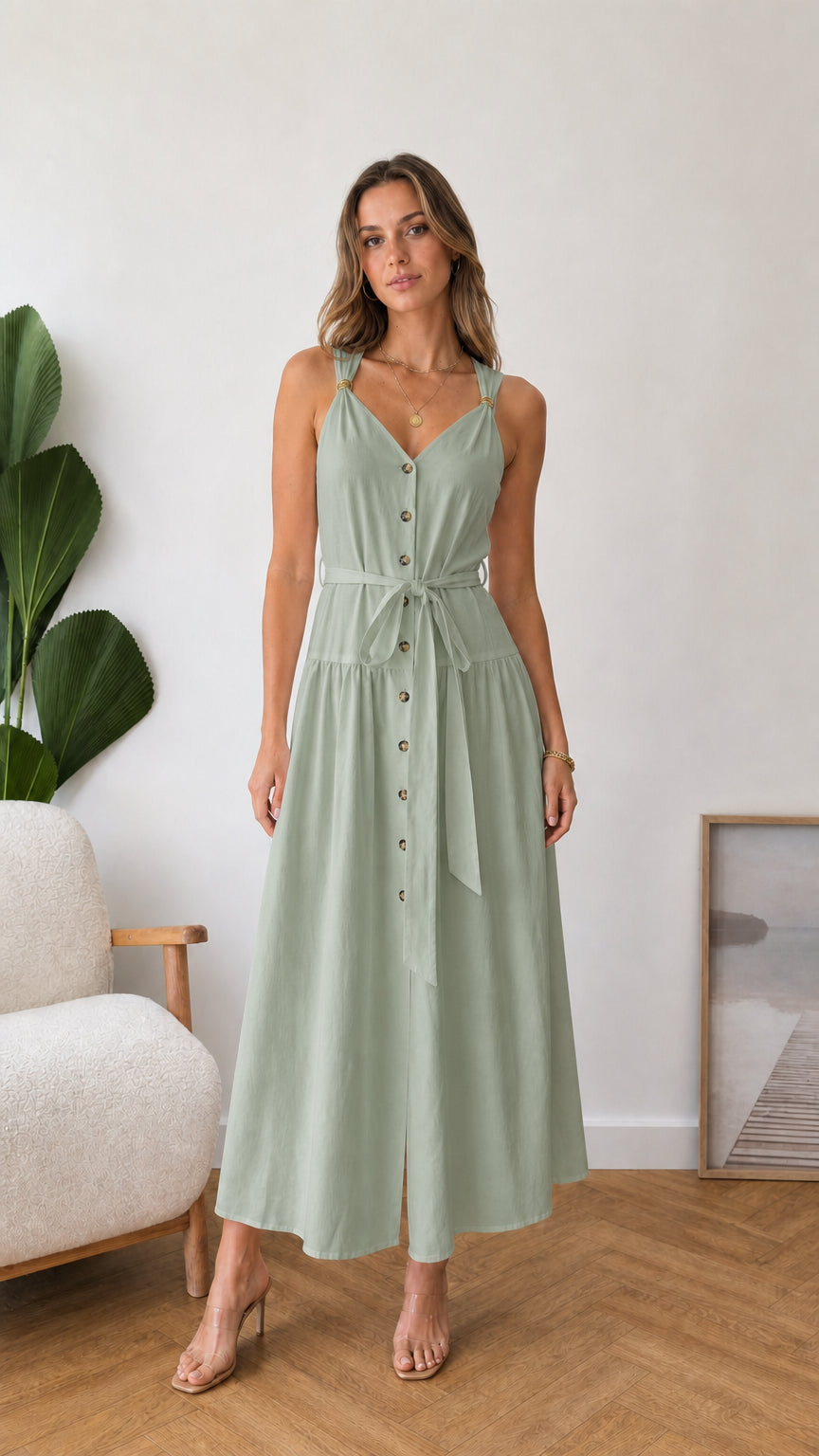 Model wearing sage green button-front midi dress