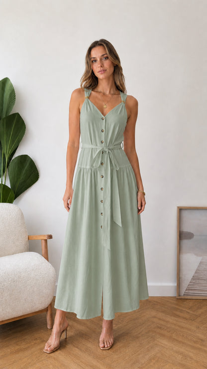 Model wearing sage green button-front midi dress