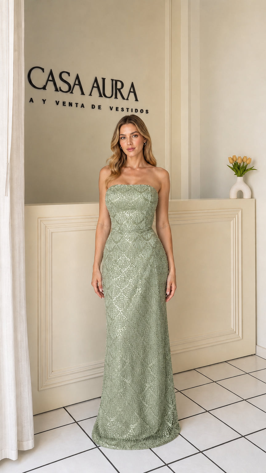 Model wearing sage green strapless sequin evening dress